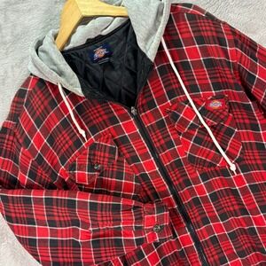 Dickies Men's Hooded Flannel Shirt Jacket Red Black Plaid Quilted Lined Size L